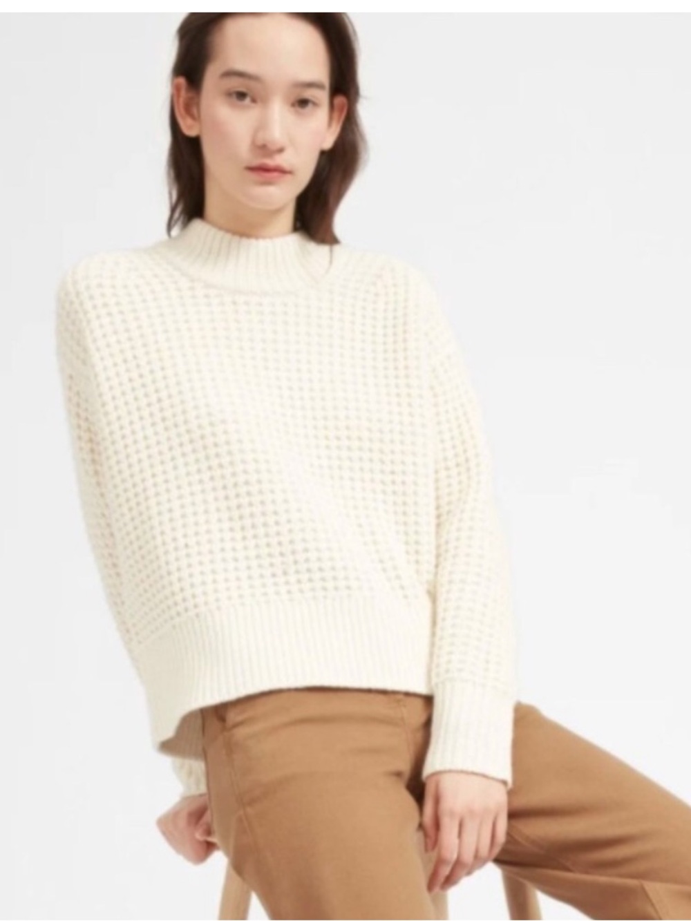 EVERLANE The Wool-Cashmere Waffle Square Crew Sweater Cream - Size Medium